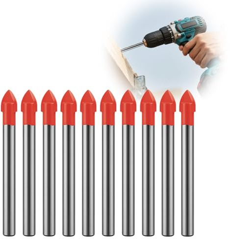 10PCS Drill Bits 6mm Glass and Tile Drill Bit Set, with Tungsten Carbide Tips, Professional Alloy Steel Drilling Tools for Ceramic Tile, Marble, Mirror, Glass, Aluminium, Concrete and Wood