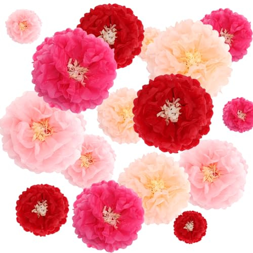 LOLANIUT Pompones Decorativos 16 Piezas Flores de Papel Rosa Pastel, Flores de Papel para Colgar de Seda, Pompones para Decoración de Fiesta de Jardín, Boda, Cumpleaños y Baby Shower