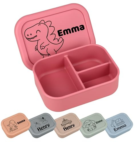 Personalisierte Brotdose Kinder mit Namen, Silikon Bento Box mit 3 Fächern Auslaufsichere Lunchbox sind Mikrowellen- und Spülmaschinenfest Geschenk zur Einschulung für Jungen und Mädchen (Rosa)