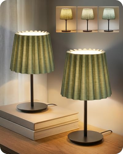 GOEBLESON Lot de 2 Lampe de Chevet avec Abat-Jour en Lin et Base Lourde, Interrupteur sur Cordon, 3 Températures de Couleur, 3000K/4000K/6500K, E27, pour Salon, Chambre, Vert Pois et Noir ZJ15TLDP205