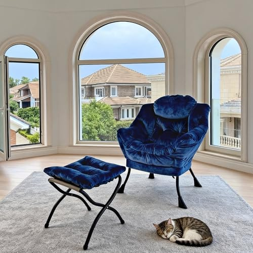 vutizal Poltrona relax XXL con sgabello, con poggiapiedi e tasca laterale, comoda poltrona lounge per soggiorno, camera da letto e ufficio, comoda poltrona televisiva con braccioli, blu scuro