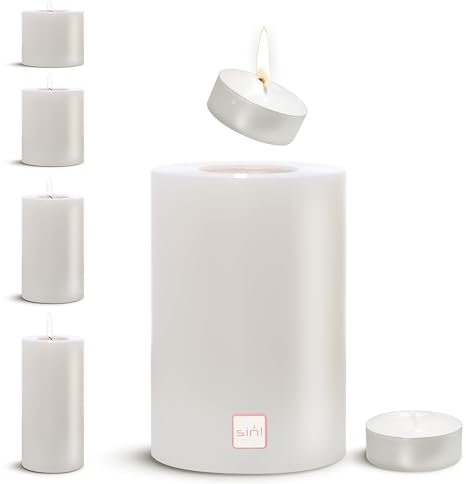 Sin! Teelichthalter Trend warmweiß - ∅ 10cm / Höhe 25cm. Die Kerze die Nicht schmilzt! - Dauerkerze in Kerzenform/Kerzenoptik aus Kunststoff mit Teelichteinsatz. Inkl. Teelicht 8 Std. Brenndauer