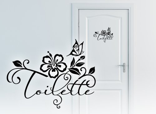 Grandora W3003 WC Türaufkleber Wort Toilette + Hibiskusblüte und Schmetterling Wandtattoo Bad Silbergrau