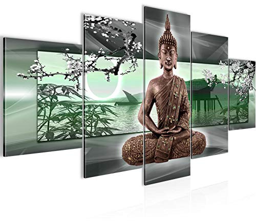 Runa Art - Bilder Buddha Feng Shui 200 x 100 cm 5 Teilig XXL Wanddekoration Design Grün Grau 503251b