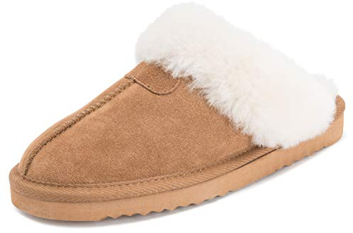 Polar Women’s Suede Winter Mules Slippers - Warm Faux Sheepskin Lining, Australian Style - Indoor House Shoes with Non-Slip Sole - Tan - UK 8
