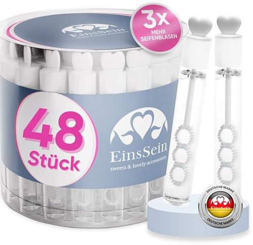 EinsSein Seifenblasen Hochzeit Lovegläschen Set weiß 48 Stück | Gastgeschenke für Hochzeit Taufe Geburtstag Verlobung | Keine Flecken auf Kleidung | Mini Hochzeitsseifenblasen Herz Herzgriff