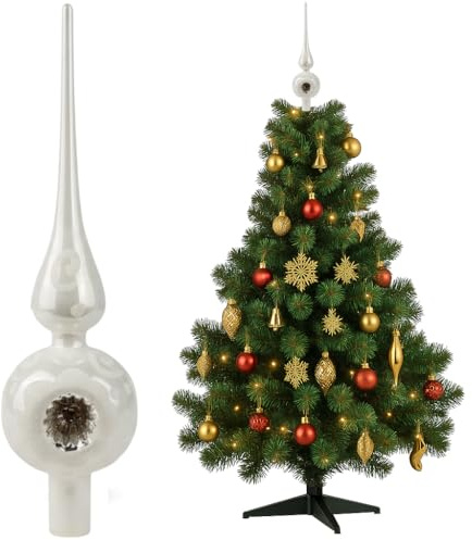 Tannenbaumspitze aus Glas - 27 cm - Hochglanz - Glitzer - Ornament - Handbemalt - Baumschmuck Baumspitze Weihnachtsbaumspitze - Weiß Perlmutt
