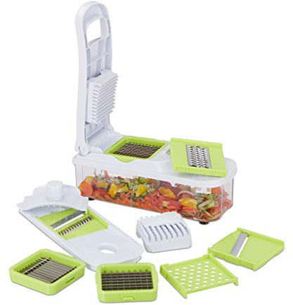 Relaxdays 10024686, weiß/grün Multischneider XL-Set, Profi Gemüsehobel mit 7 Klingen, Küchenreibe mit Auffangbox und Handschutz, Edelstahl