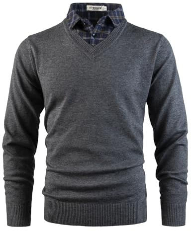 KTWOLEN Uomo 2 in 1 Maglioni con Collo a Camicia Maglione con Scollo a V Pullover a Maglia Manica Lunga Maglioncino con Collo a Camicia, Carbone, XXL