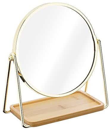 Navaris Espejo de Mesa Redondo - Espejo Doble Cara con Aumento 2X y 1x para tocador baño Mesa - Base de Bandeja bambú para Maquillaje Joyas - Dorado