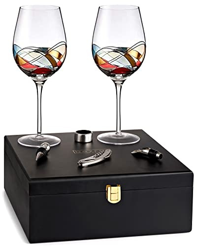 Bezrat Wine Gifts for Women - 2 Wine Glasses & accessories Set - Hand Painted Wine Glass, 11 H, 28oz Wine Lover Birthday Gift Box Large Glass, Valentines Glassware for Mom Wife Sister Girlfriend