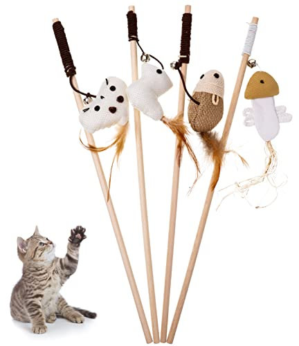 Fanshiontide 4 Stück Katzenspielzeug Feder, Interaktives Katzenangel Katze Spielzeug Katzenspielzeug-Stab mit Maus Fisch Vogel Plüschtier für Katzenbeschäftigung