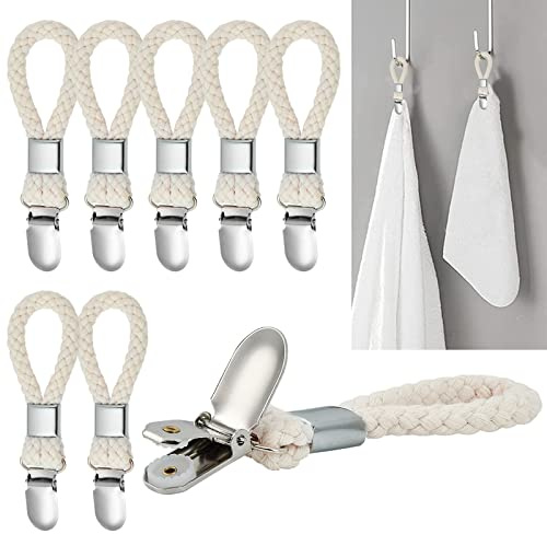 Elesunory 8PCS Hanging Tea Towels Clip, Metal towel hanger with Loop Cotton, Hand Towel Hook for Home Kitchen Bathroom Hanging Towels