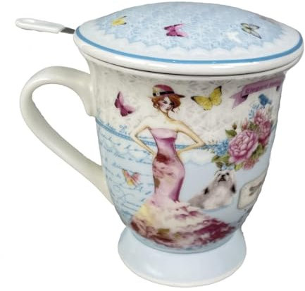 Vintage Keramik Teetasse mit Sieb, Löffel und Deckel, Becher Tasse Teetasse Kaffeebecher aus Porzellan, Teatime für Losen Tee (Fräulein)