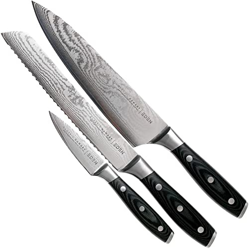 Eden Classic Damast 3-teiliges Messerset EQ2030-S02 Messerset inklusive Kochmesser, Officemesser und Brotmesser, Damaststahl