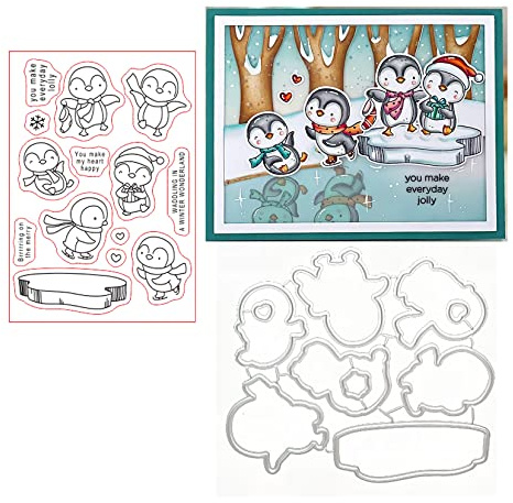 Qoiseys Weihnachten Pinguin Stempel und Stanzschablonen Set,Stempel und Stanzen Set Basteln Prägeschablone,Silikonstempel Metall Die Stanzen für DIY Scrapbooking Fotoalbum