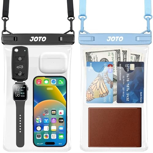 JOTO 2 Stück Groß Wasserdicht Handytasche Handyhülle, Waterproof Phone Case Unterwasser Hülle mit Lanyard für Bargeld Kreditkarte Uhr Geld Münzen Brieftasche -Schwarz/Blau | Unterwasser Hülle mit Lanyard für Bargeld Kreditkarte Uhr Geld Münzen Brieftasche -Schwarz