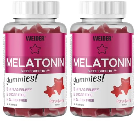 Weider PACK DUO Melatonin Gummies (2x60 Caramelle Gommose) Sapore Fragola. Con 1mg di Melatonina per dose, Aiuta para il Sonno e contro il Jet lag, Senza Glutine, Senza Zucchero