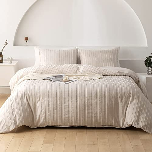 Nyescasa Beige Bettwäsche 135x200 cm Boho Getuftet Gestreift Streifen Wendebettwäsche Set Mädchen Bohemian Mikrofaser Bettbezug mit Reißverschluss und Kissenbezug 80x80 cm