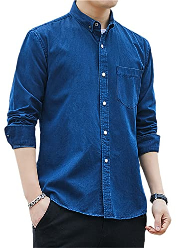 Vsadsau Klassisk jeansskjorta för män, ledig långärmad kavaj, jeansblusar, vintage skjorta, toppar, C2009 djupblå, L