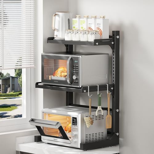 ABCOOL Einziehbare Verstellbare 2 Achsen Küche Bäcker Mikrowellenherd Rack, 2 Ebenen Erweiterbar und Höhenverstellbar Karbonstahl Regal Theke mit 3 Clip-Haken, Elektroherd Halterung