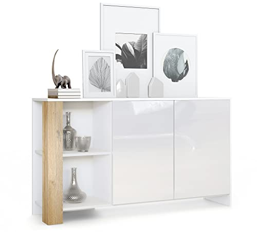 Vladon Sideboard Canto, Made in Germany, Lange Anrichte mit 2 Türen und 6 Fächern, Korpus Weiß matt, Fronten Weiß Hochglanz, Dekor-Paneele Eiche Natur (143 x 81 x 36 cm)