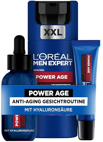 L'Oréal Paris Men Expert Anti Aging Pflegeset für Männer, Mit Augencreme, Gesichtsserum und Feuchtigkeitscreme, Hyaluronsäure für müde und matte Haut, Power Age, 3-teilig