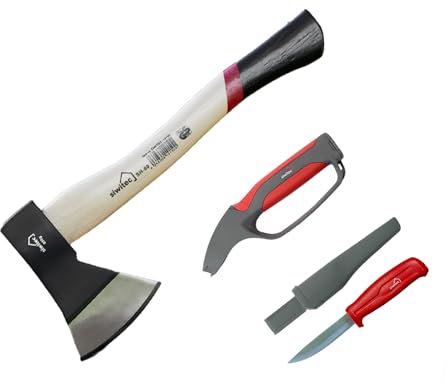 siwitec Juego de hachas de Regalo 800 Gramos con Mango de Madera | Incluye afilador de Cuchillos 4en1 y Cuchillo Universal | Hacha para Partir Madera