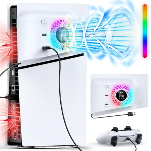 FASTSNAIL Ventilateur de refroidissement RVB avec couvercle de plaque pour PS5 Slim Digital/Disc, vitesse automatique régulée par capteur de température, 3 vitesses manuelles
