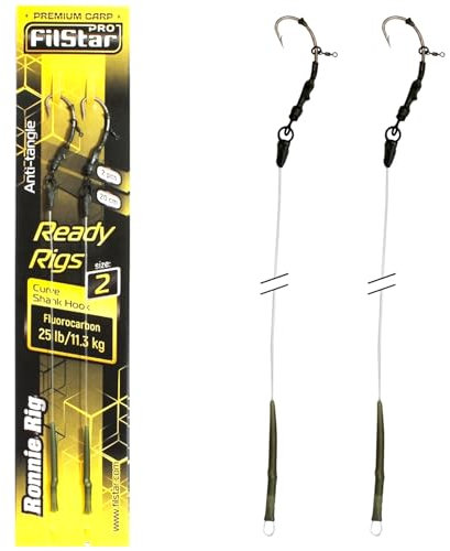 PRO FILSTAR Karpfenangeln Ronnie Rig Angelhaken N2, Fluorocarbon Vorfach 20cm 11kg Аnti Тangle Sleeve - Curve Shank Hook - Pop Up Angel Köder - Boilies Haar Rig - Karpfen Angeln Zubehör - Carp Fishing