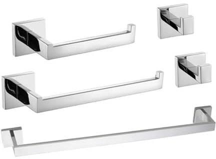 Badezimmer-Hardware-Set, Zubehör, Edelstahl, schwarzes Regal, Kleiderhaken, Kleiderbügel, Langer Handtuchhalter, Stangenregal, Seidenpapierhalter, 5 Stück, Chrom, 1