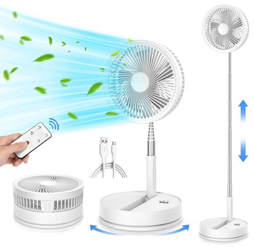 Oscillante Ventilatore a Piantana Silenzioso con Telecomando, 9'' Portatile Pieghevole Tavolo/In piedi Ventilatore con 4 Velocità/Timer, 7200mAh USB Ricaricabile Fan per Camera da Letto Viaggio