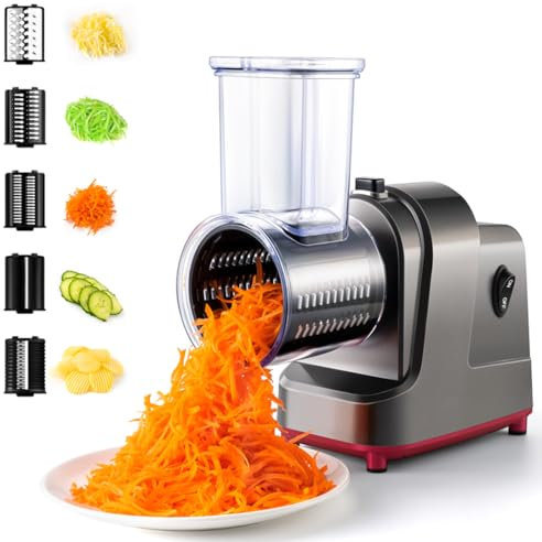 Coupe-légumes électrique 250W, Hachoir Électrique & Trancheuse de Légumes & Râpe à Fromage, 5 en 1 Râpe a Légumes, Hachoir multifonctionnel avec 5 cônes en acier inoxydable
