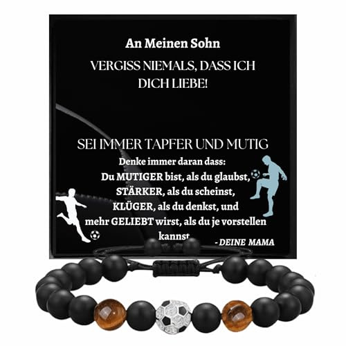 Ahnona - Sohn Armband mit Tigerauge, 18. Geburtstag Junge, Etui, Leder Armband, Mutmacher Geschenk (Fußball)