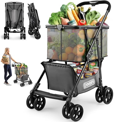 Multifunctional Folding Shopping Cart(80 lbs), Grocery Collapsible Cart with Detachabe Basket and Swivel Wheels, Easy One-hand Folding, Portable Personal Shopping Carts for Laundry, Camping Gear etc
