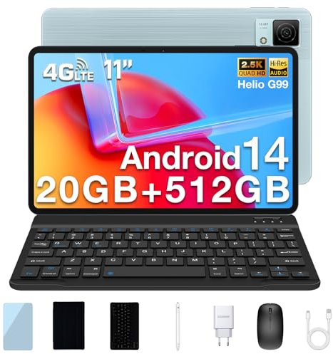 DOOGEE T40 Tablet con Teclado, Tablet 11 Pulgadas 20GB RAM 512GB ROM/2TB, Helio G99 2.5K FHD+Tableta PC 8580mAh/ 16MP+8MP Tablets Android 14, Tabletas 4G LTE+5G WiFi/Face ID/OTG/GPS con Funda & Raton
