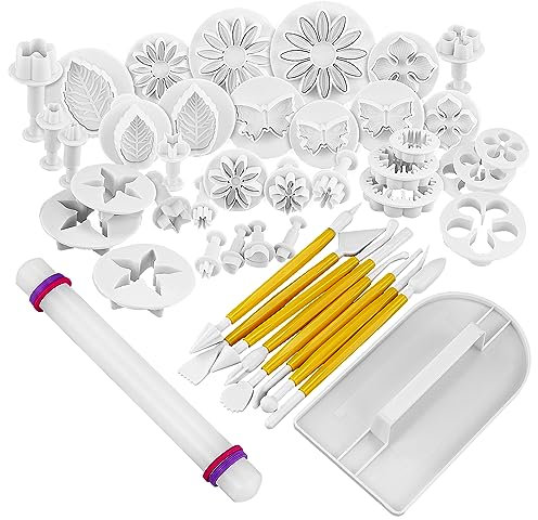 14 Sets (46pcs) Cake Flower Fondant Tools, Cake Sugarcraft Decorating Kit, Cookie Mould Fonant Icing Plunger Cutters Cake Tools Cake Embossing Tool Set for DIY Cake Decorating