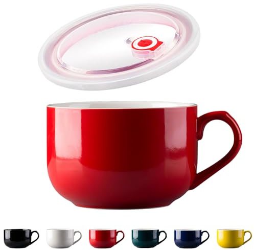 Dowbom Soup Bowl With Lid, Porcelain Ramen Bowl, Instant Noodle Microwave Bowl (Red)