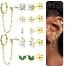JeweBella 6 Paar Ohrringe Gold Set für Damen Mädchen Helix Piercings Chirurgenstahl Piercing Ohr Hypoallergen 14K Vergoldet Medizinische Ohrstecker Creolen mit Kette Knorpel Ohrringe Set Silber/Gold