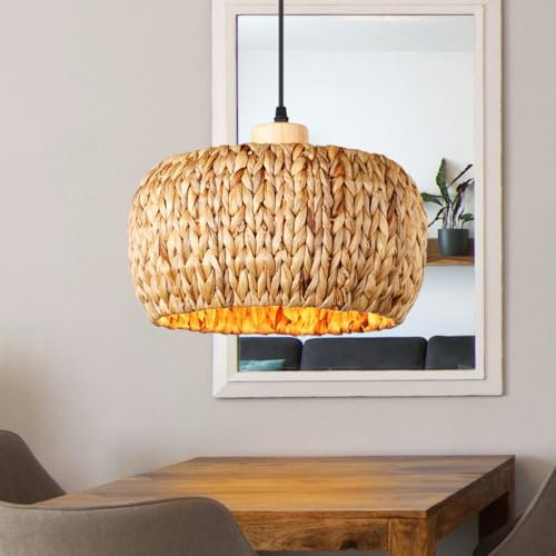 YUPIN Lustre Vintage Rond En Corde De Paille Lustre En Bambou Tressé À La Main Lustre En Rotin Luminaire Réglable En Hauteur Pour Chambre À Coucher Salle À Manger Salon Café (ampoule Non Incluse)