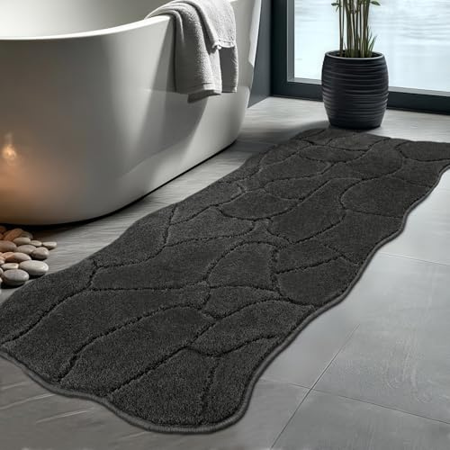 Großer Badezimmerteppich, 61 x 150 cm, extra weich, saugfähig, zottelig, lang, rutschfest, maschinenwaschbar, moderner Badteppich, Läufer für Badezimmer, Waschküche, Küche (Anthrazit)
