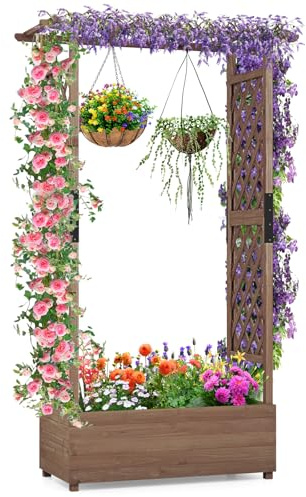 GOPLUS Lit de Jardin Surélevé avec Treillis, Jardinière Surélevée en Bois avec Toit Suspendu pour Plantes Grimpantes, Fleurs, Trous de Drainage pour Jardin, Terrasse