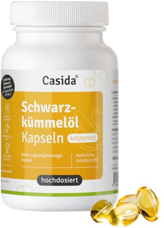 Casida Schwarzkümmelöl Kapseln kaltgepresst -natürlich- 1650 mg Linolsäure und 60 mg Vitamin E pro Tagesdosis -180 Kapseln