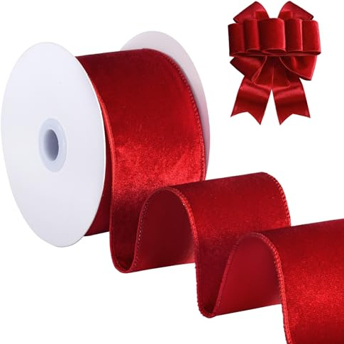 FAKILO Ruban de Velours de Noël avec Fil Métallique 6,3 cm - Rouge pour Couronnes, Guirlandes, Sapin, Emballage Cadeau, Grands Nœuds, Décoration de Fête - Rouleau de 9 m