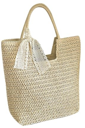 Generisch Stroh Strandtasche für Damen, Summer Stroh Handtasche Schultertasche mit Reißverschluss, Strohtasche Geflochten Korbtasche Basttasche für Strand Reise Einkauf