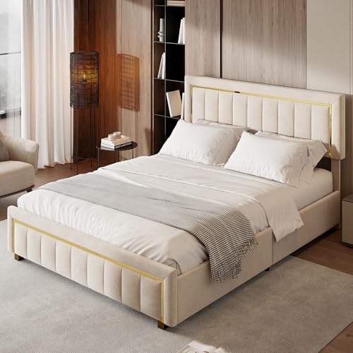 MIOOSUT Polsterbett aus Velvet 160x200cm, Bett mit Stauraum, Vertikales Gestreiftes Design, Stauraumbett Jugendbett mit Hydraulisch Stauraum Underbett, Velours, ohne Matratze, Beige