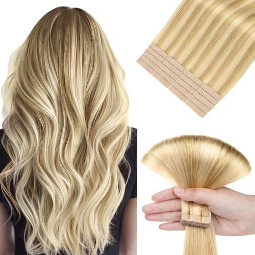 Hotbanana Extensiones Adhesivas Pelo Natural 55cm | Remy Human Hair Rubio claro con reflejos rubio dorado (tono cálido) Extensiones Adhesivas Invisibles Pelo Natural 20PCS 50g