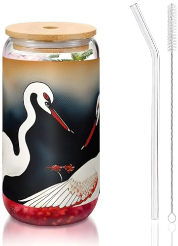 GaxfjRu Dos grullas japonesas volando pintura tradicional de 16 onzas con tapas de vidrio y popote de vidrio, vasos de vidrio más anchos para batidos, té, cola, refrescos