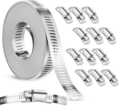 Abrazaderas Metálicas para Tubos, Abrazaderas Interminables de Acero Inoxidable 304 con 12 Abrazaderas de Tornillo Ajustables Abrazaderas Metalicas para Tuberías de Gas Agua y Automóviles (5M+12)