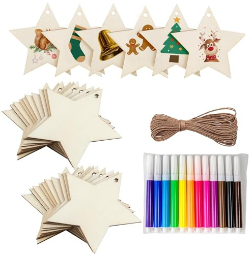 40 Stück Holzsterne zum Basteln Weihnachten mit Juteseil & 12 Aquarellstiften, Sterne Holz Christbaumschmuck, Kleine Holzsterne zum Basteln Weihnachtsdeko Selber Basteln, Holzschmuck Weihnachtsbaum